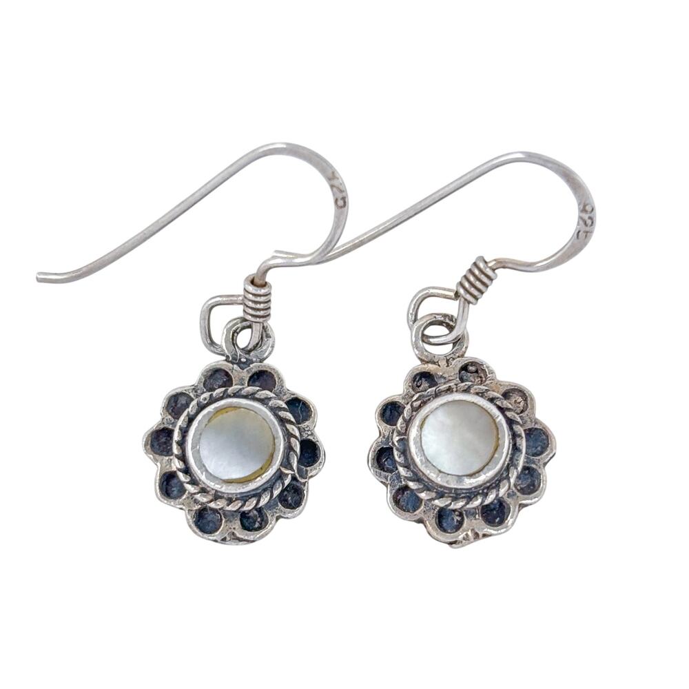 Vintage Sterling Silver 925 Mother of Pearl Flower Drop Earrings